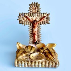 Vintage Seashell Crucifix Mid Century Mexican Jesus Cross Handmade Souvenir